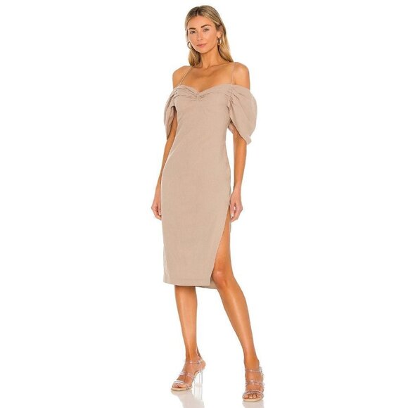 L'Academie Gemma Midi Dress in Mocha Beige Small New Womens Neutral Khaki - Picture 1 of 9